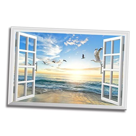 Beach Pictures Decor Wall Art Fake Open Window Ocean Seagull 48
