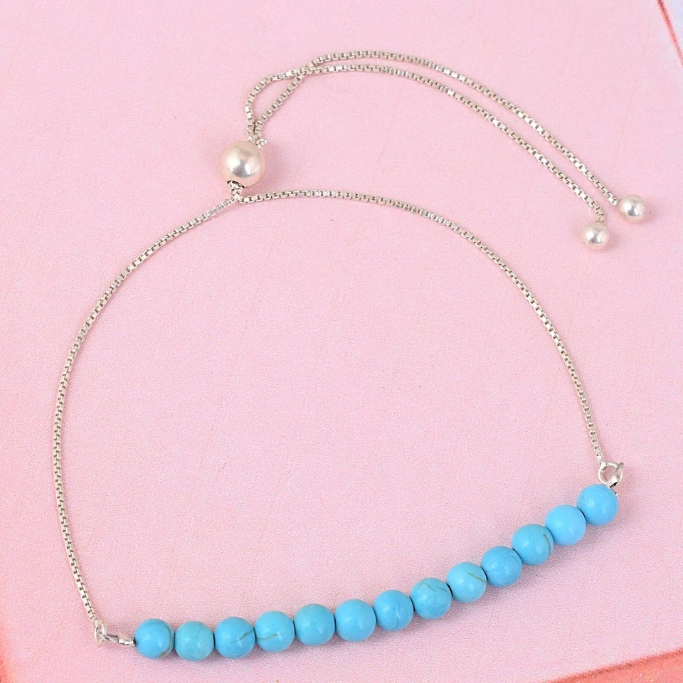 Handgefertigt Natürlich Blau Türkis Perlen 925 Silber Bolo Kette Slider Armband - Bild 3 von 4