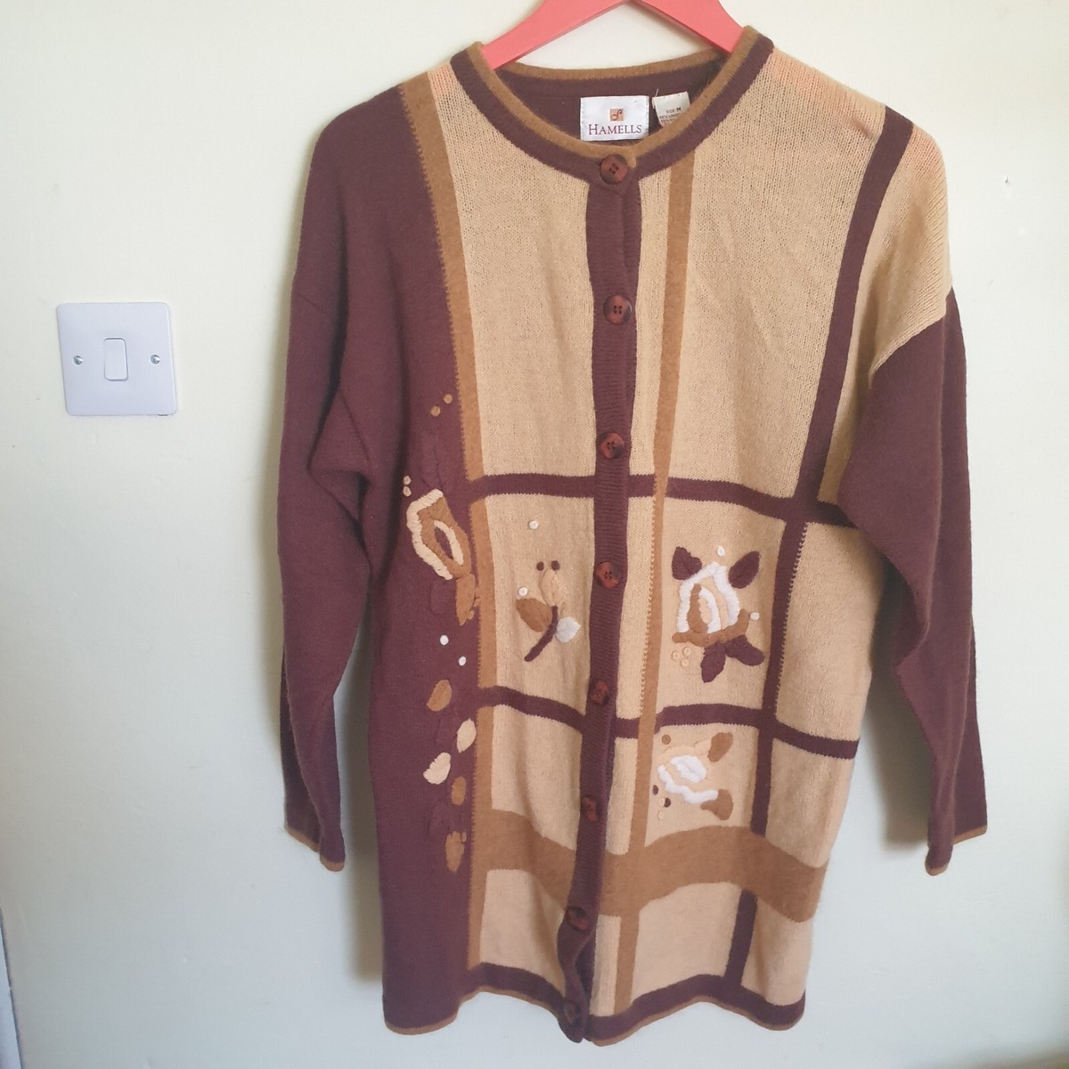 Vntage 80s 90s Brown Cardigan Sz M Lambswool Angora Floral Mustard 