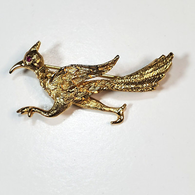 Vintage NAPIER Brushed Gold Tone Rhinestone Figural Road Runner Bird Brooch Pin