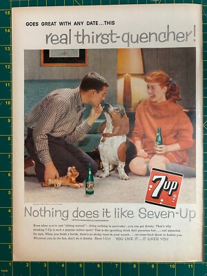 1959 Vintage 7UP Soda Pop Real Thirst Quencher Man Woman Bassett Dog Print Ad S1