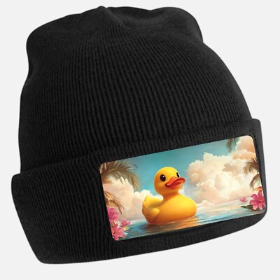 Majestic Rubber Duck Print Black Beanie Hat Unisex Cotton