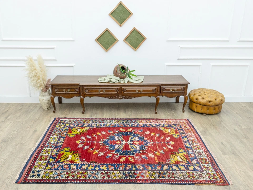 Cranberry Dazkiri Turkish Rug 5.1x7.1 ft – Cobalt Medallion – Vintage Wool Decor - Image 3 of 4