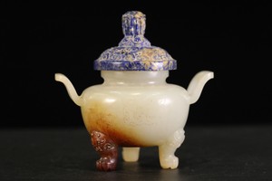 Chinese Vintage Jade Hetian carving Small censers with cloisonne lid 19th