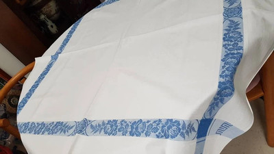 Vintage blue and white damask linen tablecloth 48''x48''