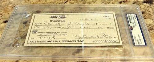 JOHNNY UNITAS SIGNED CHECK PSA/DNA SLABBED AUTHENTIC *T7