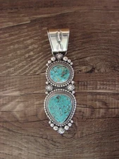 Native American Sterling Silver & Kingman Turquoise Pendant Signed Lewis