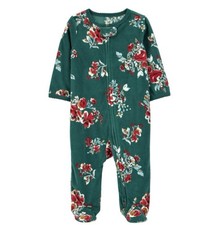 Carter  s Fleece Floral Sleep  Play Footed Pajama 2-way-zip Green Red 3M NWT
