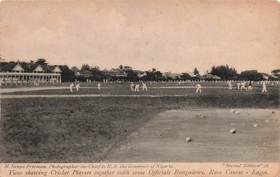 LAGOS NIGERIA CRICKET PLAYERS ON FIELD ~BUNGALOWS~ RACE COURSE POSTCARD 102925 U
