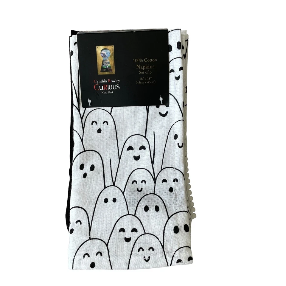 Cynthia Rowley HALLOWEEN GHOST Cotton Napkins 18x18 Black White Set of 6 NEW - Image 2 of 4