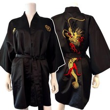 Vintage Japanese Black Satin Dragon Kimono Size 35 Embroidered Happi Coat Robe