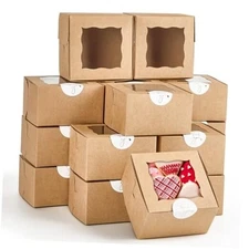 24pcs Small Cookie Boxes with Window, 4x4x2.5 Inch Kraft Bakery Boxes with 