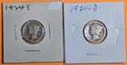 Lot of 2 Mercury Dimes 1924-D & 1924-S United States US 10c Coins 90% Silver