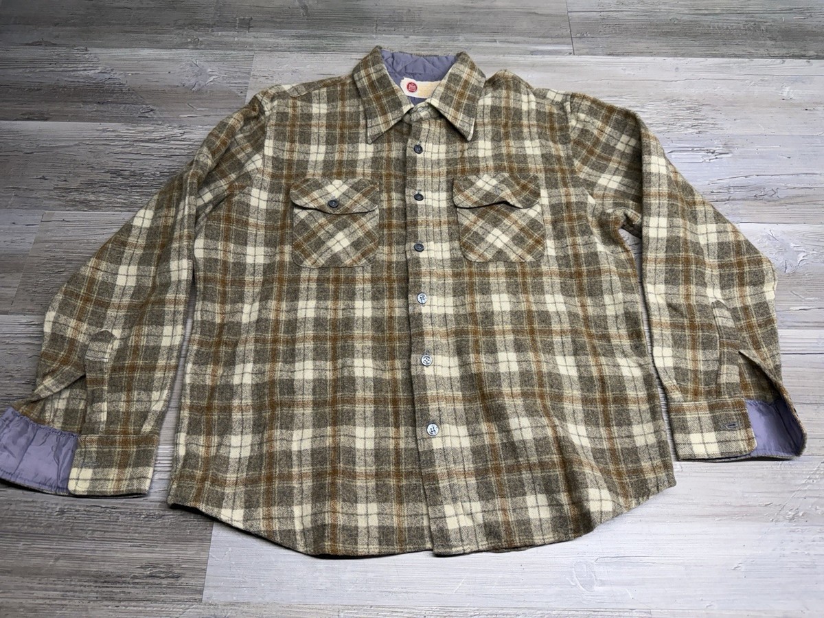 Vintage Sears Kings Road Wool Blend Flannel Shirt Mens Sz XL Beige