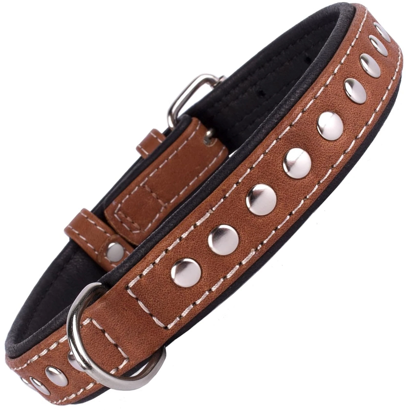 CollarDirect Studded Dog Collar Leather Pet Collars Neck Fit 20"-22", Brown