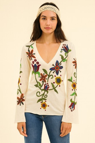 Johnny Was LA Mina Boho Black Multicolor Embroidered Easy Top Sz XS