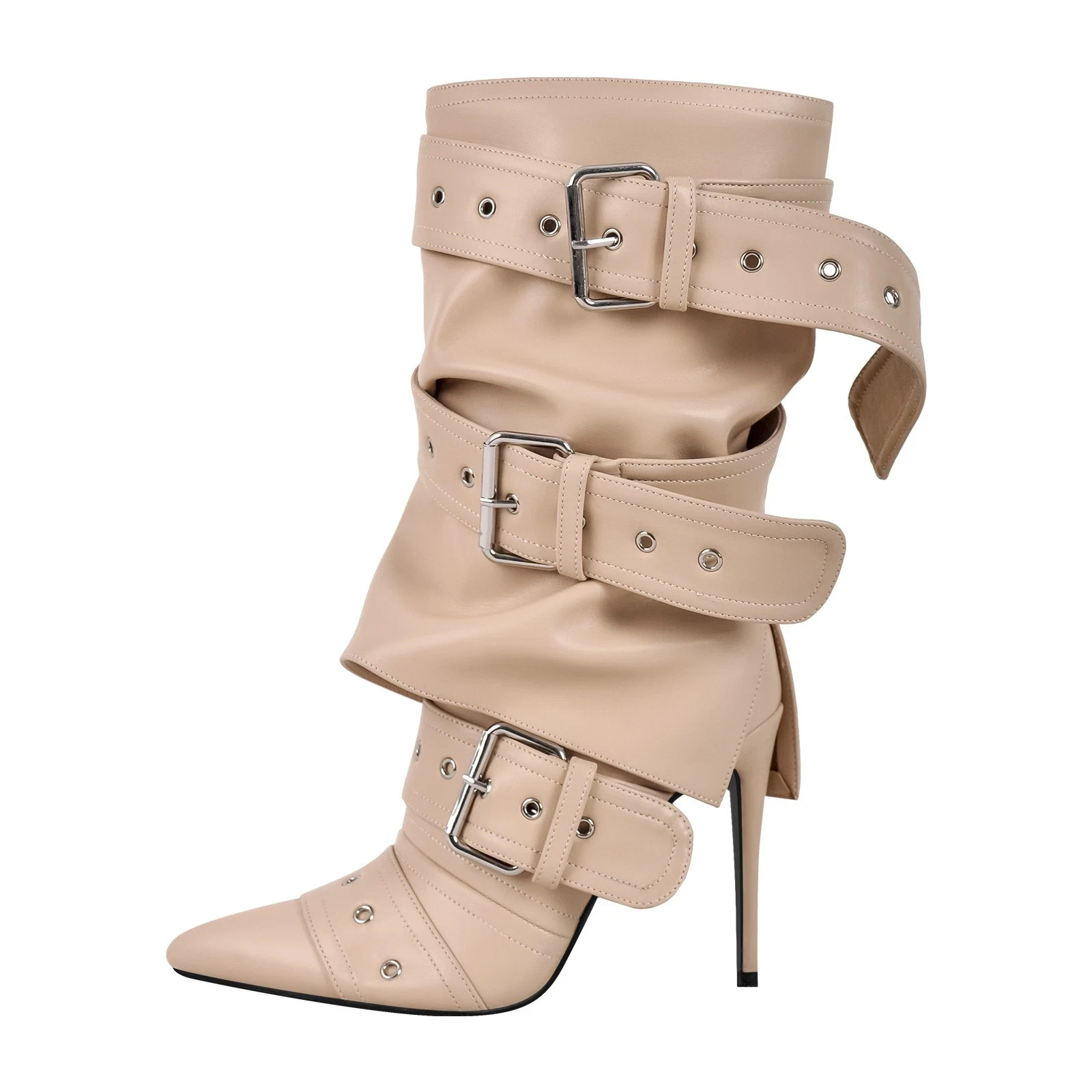 Mujeres Punta Punta Damas Stiletto Sexy Hebilla Media Pantorrilla Botines Zapatos US10