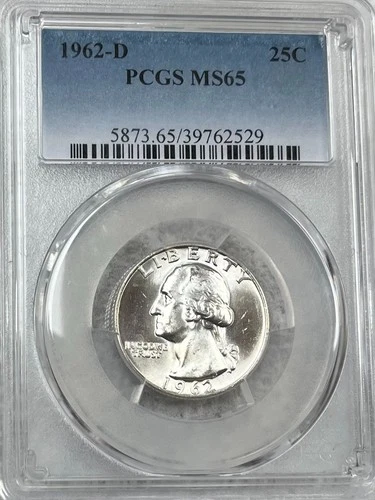 1962 D Washington Quarter Graded MS65 by PCGS - Bright White/Nice Luster