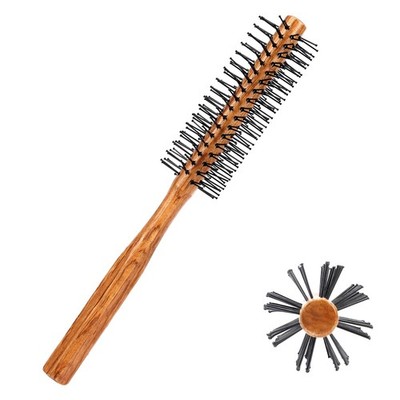 Ball-Tipped Round Hair Brush with Wooden Handle and Nylon Bristles for Short Hai