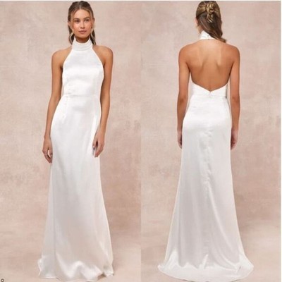 Lulus Luxe Destiny White Satin Backless Halter Mermaid Maxi Dress Size XL