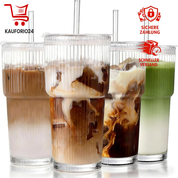 Glasbecher Set 600Ml Mit Deckel Und Strohhalm Gerippt Eiskaffee Smoothie 4 StüCk-image