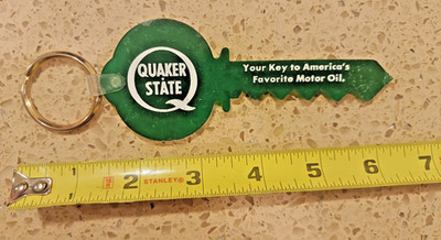 Vintage Large Quaker State Key Shaped Fob Key Holder Chain Green 6'' Unique