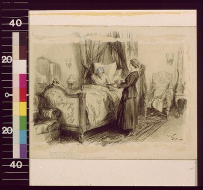 Photo:1920s Woman Feeding Sick Bedside Sketch Print Interior Scene