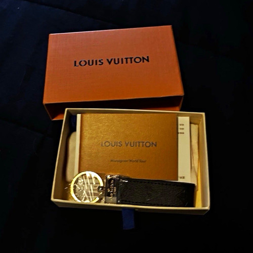 Louis Vuitton Monogram Leather Key Chain, Black, Gold-Tone Ring Men’s