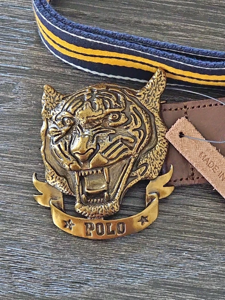 Cinturón Acrílico Polo Ralph Lauren Rayas Tigre Hebilla Talla 36" Hombre Verde Azul Marino Foto 2 de 4