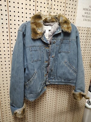 Liz Claiborne Jean Jacket PETITE LARGE Faux Fur Collar Cuffs