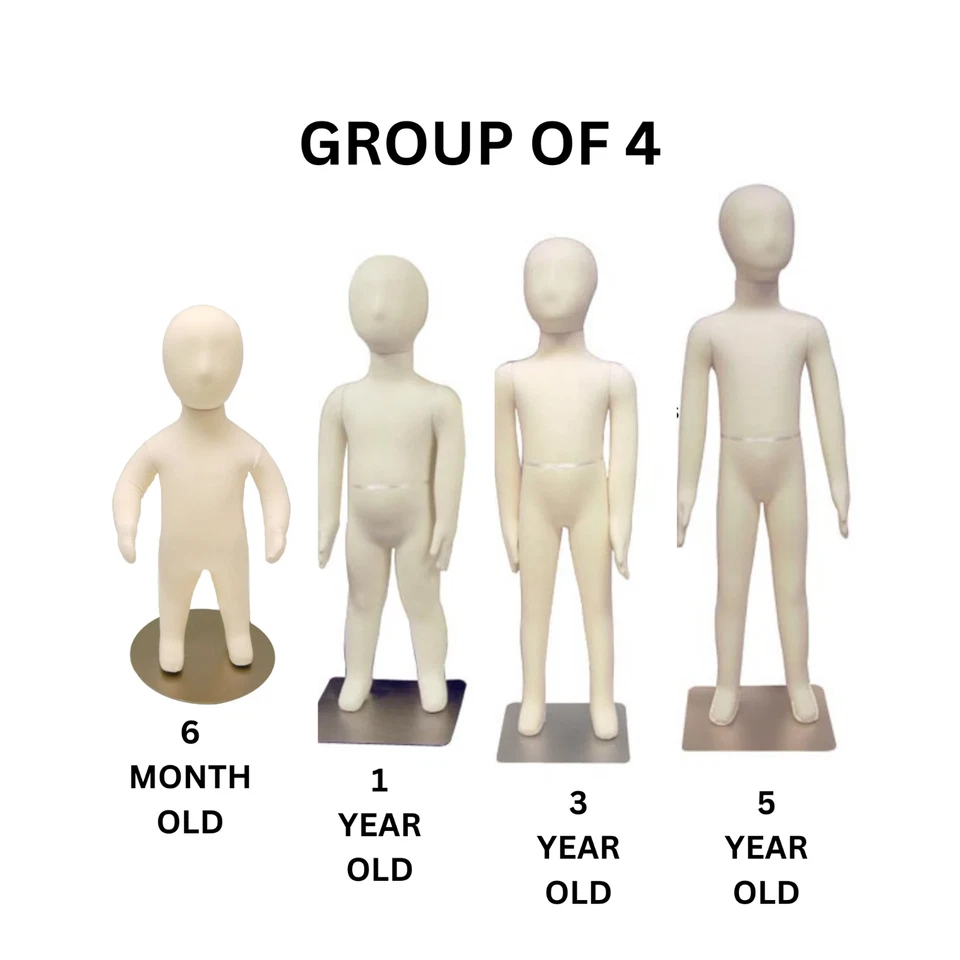 AMERICAN DRESS FORMS Childrens Flexible Full Body Mannequin with Removable Head - Group of 4