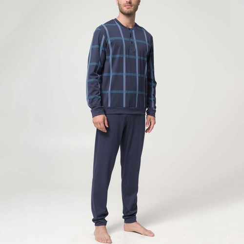 LVB Pigiama Lungo Uomo Con Serafino E Pantalone Stampato – Jersey 145gr In Cotone E Viscosa – Comfort E Stile