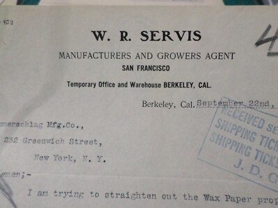 1908 Autograph Brief, W.R. Servis, Grower Agent, San Francisco, Berkeley CA