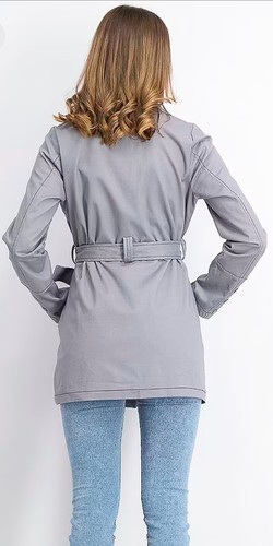 Mo-Ka Coat Trench Gray Jacket Long Sleeve Belted Outercoat Large - Picture 4 of 10