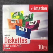 Imation 2HD 1.44MB 3.5" Floppy Disks Neon Colors 10-Pack IBM Formatted NEW