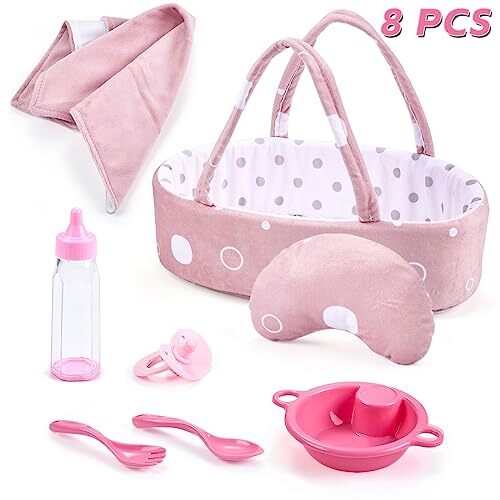 8 Pcs Baby Doll Accessories Set Includes Feeding Bottle, Pacifier, Blanket, P...