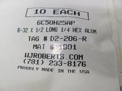 LOT OF 20 WJ ROBERTS ALUMINUM HEX SPACERS 6C50H25AP 6-32 X 1/2L 1/4 HEX NEW - Bild 2 von 4