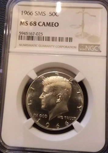 1966 NGC MS 68 CAMEO SMS SILVER KENNEDY HALF ** RARE NEAR PERFECT DPL CAMEO **