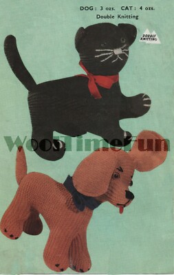 Strickanleitung Vintage Stofftier Katze Kätzchen & Hund Welpe Spielzeug.  DK Wolle.