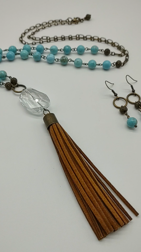 Natural Turquoise Beaded Tassel Necklace Earrings Set - Video 1 of 1