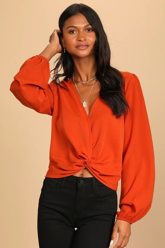 Lulus Twisty Business Orange Twist-Front Long Sleeve Top Sz L Hippy Romantic