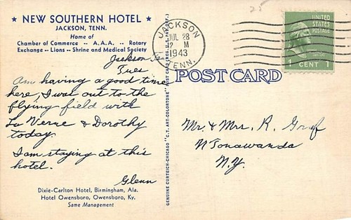 Postkarte TN: Neues Southern Hotel, Jackson, Tennessee, Vintage Leinen, veröffentlicht 1943 - Bild 2 von 2