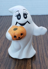 Halloween Small Ceramic 4 inch Smiling Ghost With Pumpkin Figure