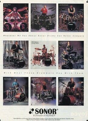 1992 Print Ad of Sonor Drums w Jack DeJohnette, Nicko McBrain, Will Calhoun
