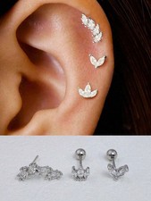 Silver-1 3pcs CZ Floral Stud Earrings Hypoallergenic Silver Plated
