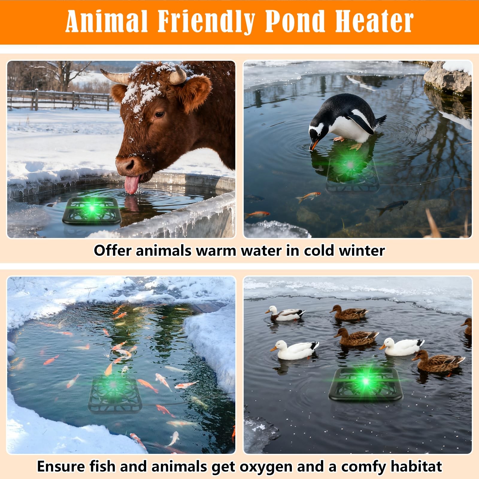 Floating & Submersible Pond Heater, 500W Pond Heaters for Outdoor Ponds with ...