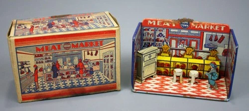 Vintage Marx Home Town Meat Market w/ Original Box & Accessories, Tin, 1930s
