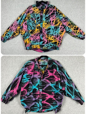 Vntg Neon Graphic Print 80s 90s Retro Reversible Full Zip Bomber Jacket Sz L?