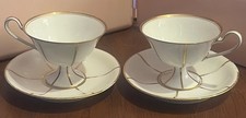 Vintage Pair Of J.P. Limoges France Gold And White Teacups And Saucers, HTF