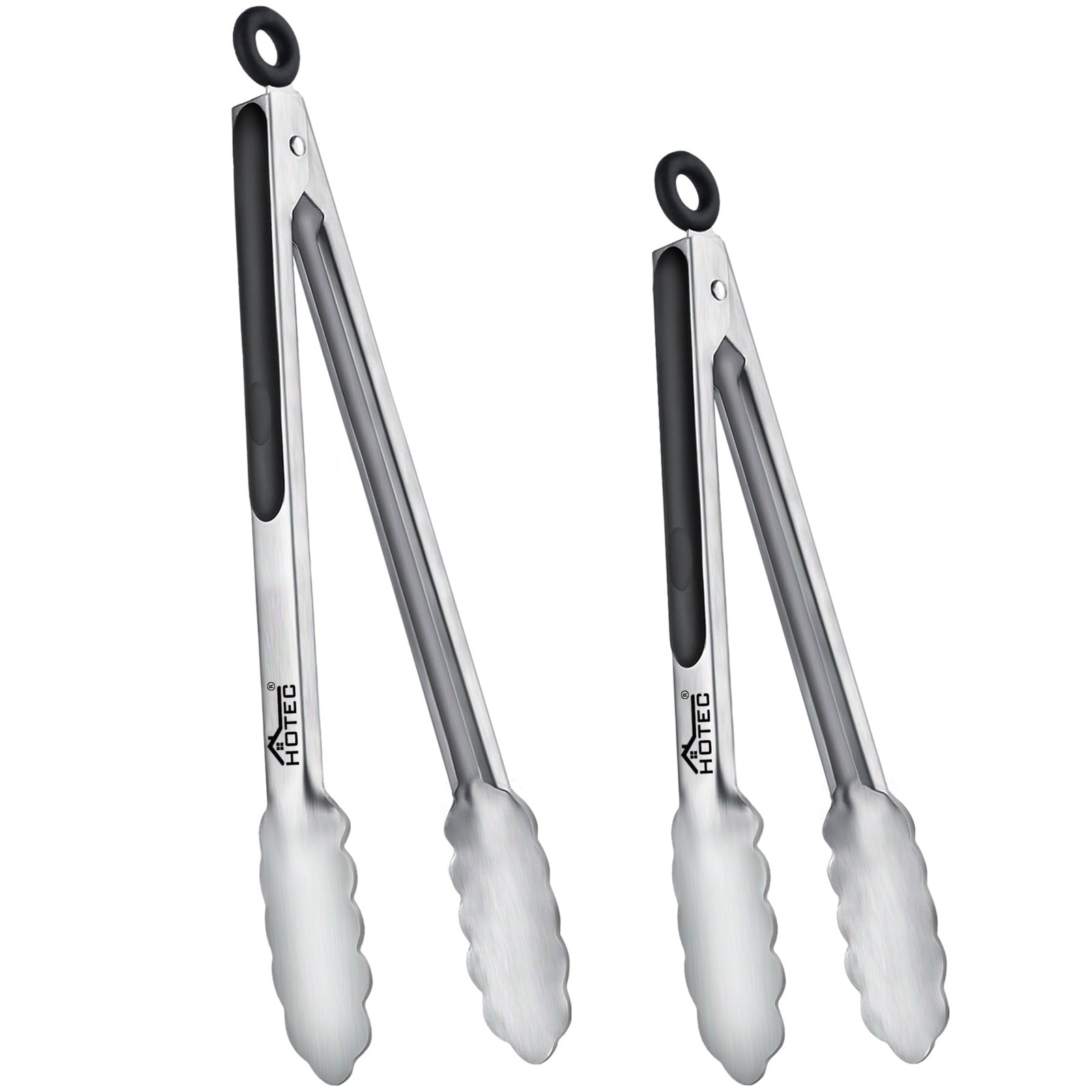 HOTEC Premium Stainless Steel Kitchen Tongs Set 2 pack: 9, 12 inch, Black-2
